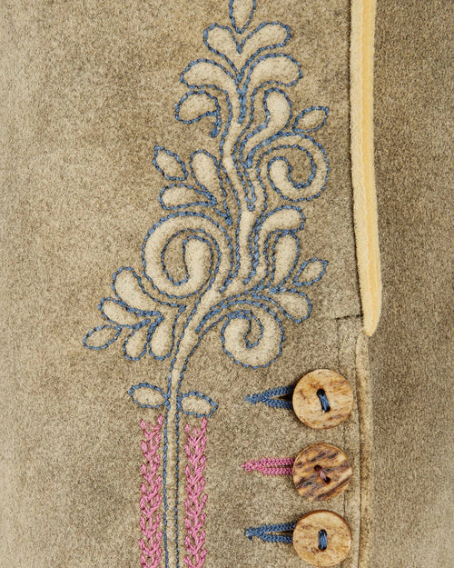 Close-up of embroidered fabric with floral design and buttons on a beige background