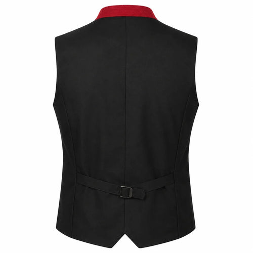 Black men's waistcoat vest with a red collar trim, shown from the back on a white background.
