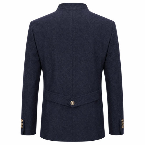 A dark navy blue wool-blend blazer shown from the back, featuring a single gold button at the waist and gold button detailing on the cuffs, set against a plain white background.