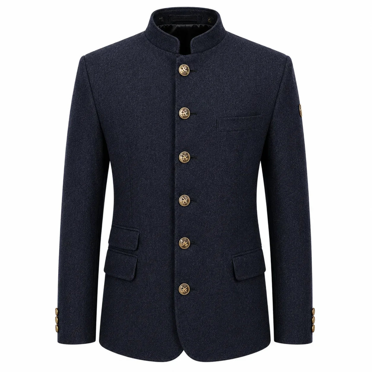 A men's dark navy blue jacket with a mandarin collar, gold-tone decorative buttons down the front, flap pockets, and a single chest pocket, shown on a plain white background.