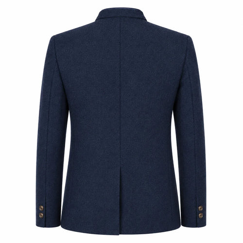 A dark navy blue blazer shown from the back, featuring a structured collar, long sleeves, and decorative gold buttons on the cuffs, set against a plain white background.