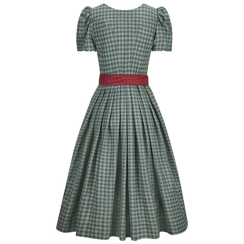 Green checkered dress with a red belt on a white background