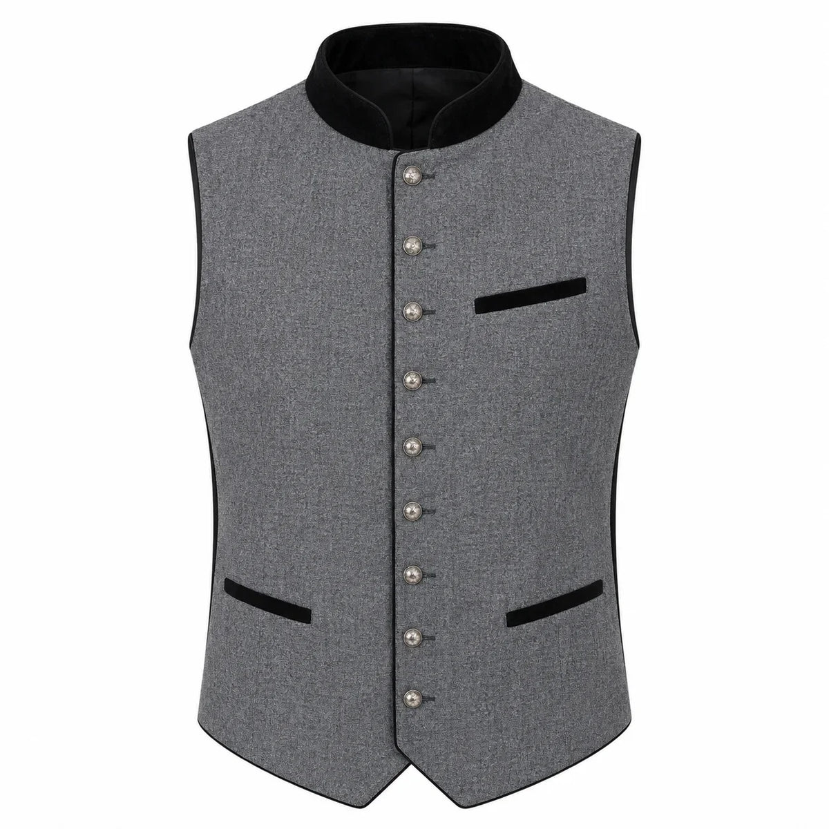 A gray textured waistcoat vest with black velvet trim, featuring a mandarin collar, silver-tone front buttons, and two front pockets, shown against a plain white background.