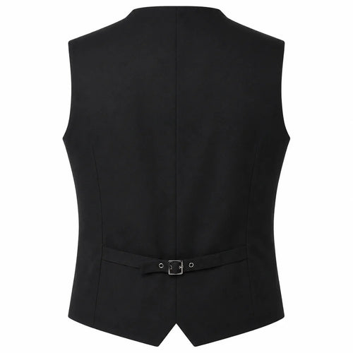 Black waistcoat vest shown from the back, featuring a structured silhouette, a matching tie belt with a silver buckle at the waist, and a notched lapel neckline, set against a plain white background.