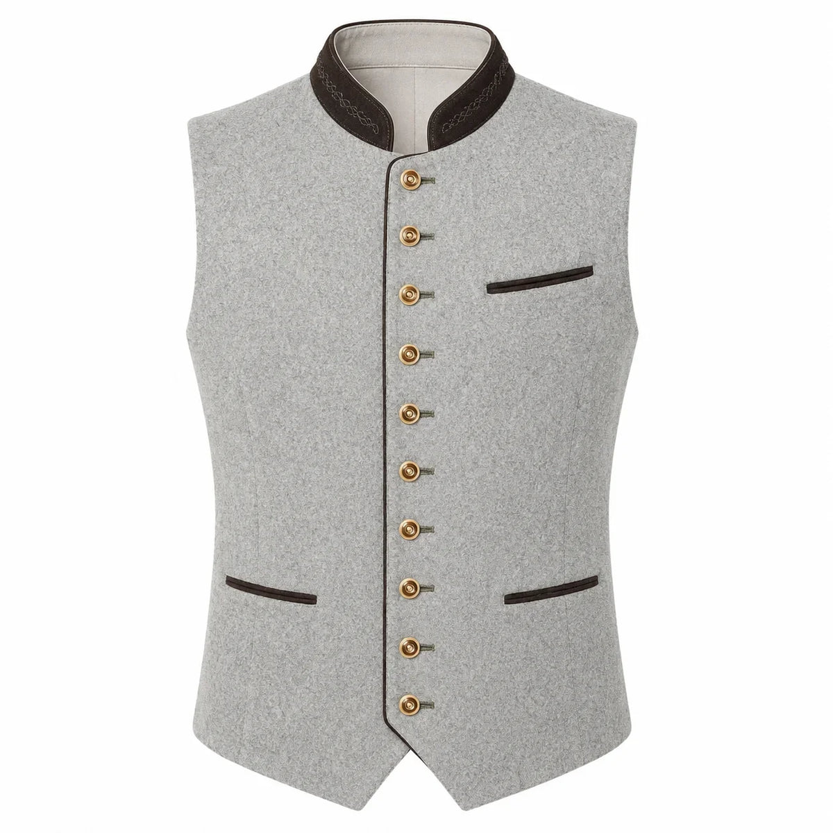 A light gray felted wool vest with dark brown trim, gold buttons, and a high stand collar, shown on a plain white background.