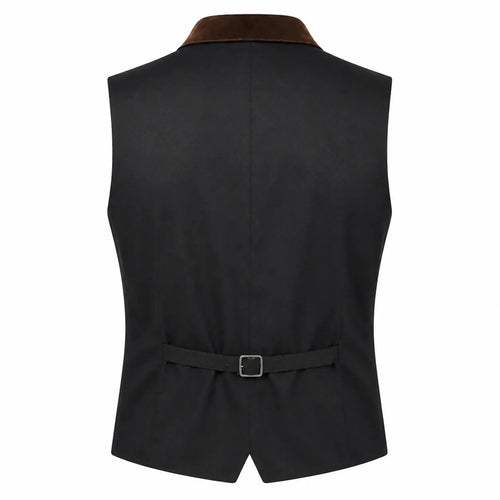 Black men's waistcoat vest with a brown collar and a matching tie belt with a silver buckle, shown from the back on a white background.