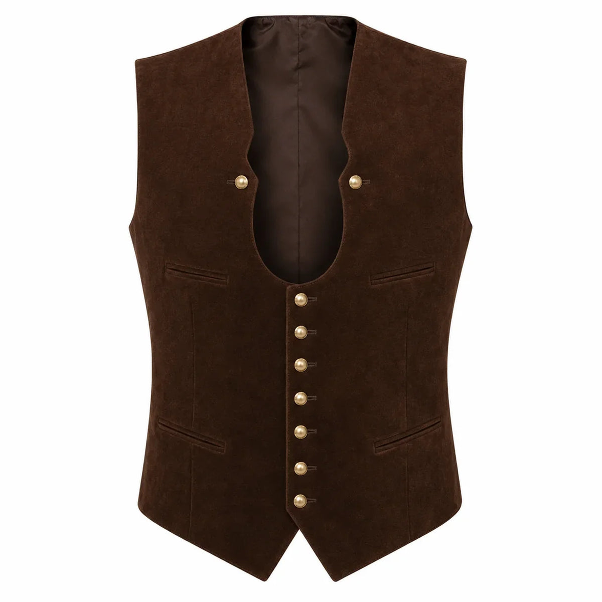 A dark brown suede vest with gold-tone decorative buttons, displayed against a solid white background.
