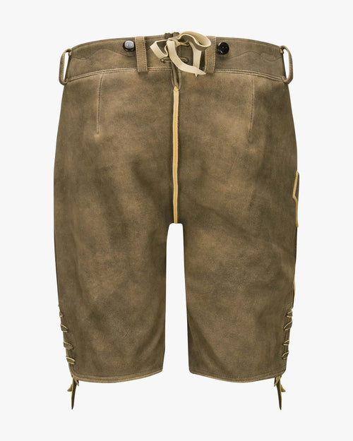 Brown leather shorts with a white background