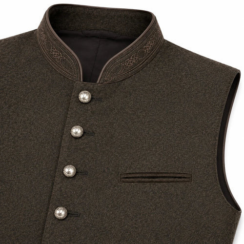 Close-up of a dark brown textured waistcoat with a mandarin collar, decorative embroidered trim, and silver-toned buttons, shown on a white background.