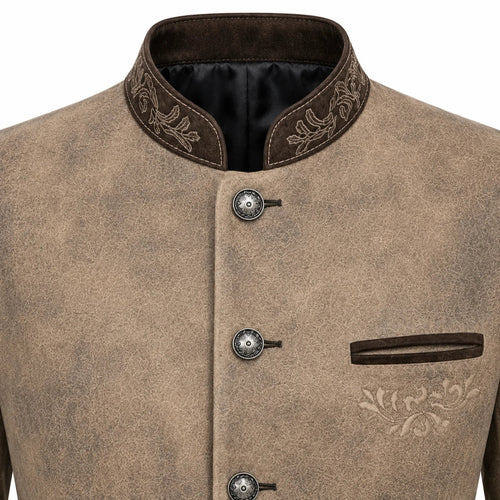 A close-up of a men's traditional jacket featuring a textured taupe-brown body, dark brown mandarin collar with floral embroidery, decorative metal snap buttons, and a matching dark brown welt pocket on the chest.