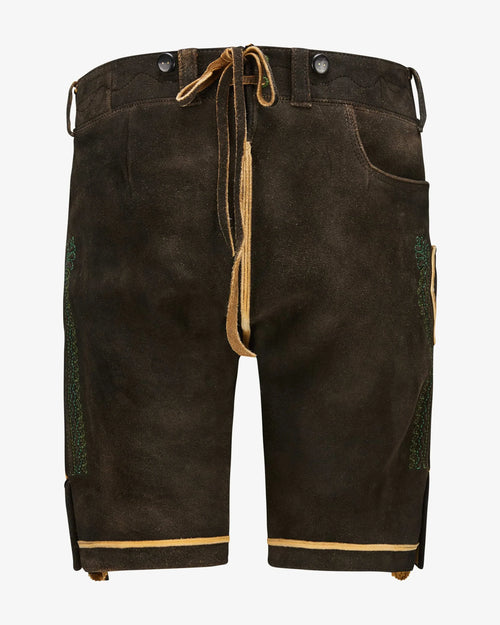 Brown leather shorts with drawstring on a white background