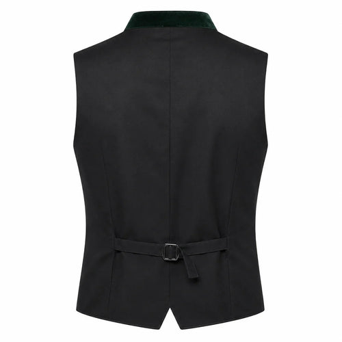 Black men's waistcoat vest with a dark green velvet collar and a matching tie belt at the back, shown on a plain white background.