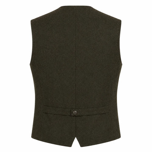 A dark olive green wool vest shown from the back, featuring a single button closure at the waist, photographed against a solid white background.